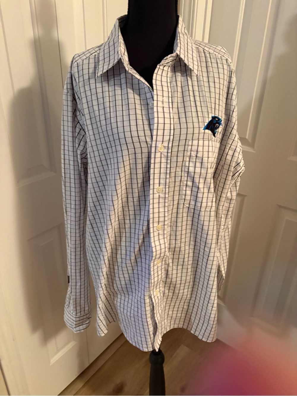 Ladies White Check Button-Down Shirt with Carolina Panthers logo